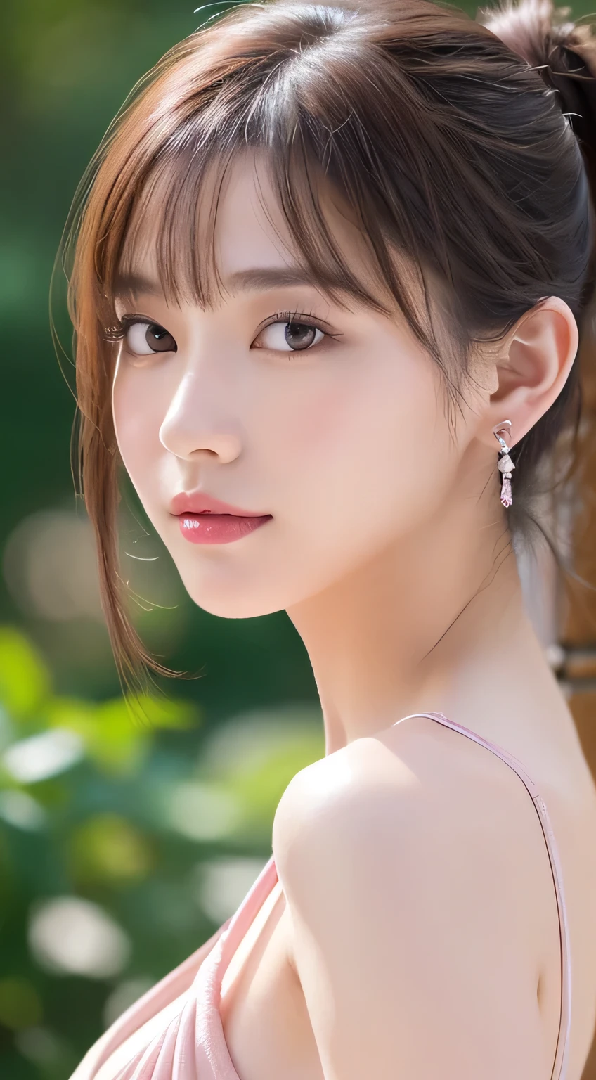 ((highest quality, 8K, masterpiece :1.3)), (realistic, Photoreal:1.4), sharp focus：1.2, 
Bright colors, professional level, shallow depth of field, 
20-year-old, 1 person, A beautiful face with intelligence, 
Supple body :1.3, model body shape:1.5, 頭w:1.4, perfect style：1.4, 
narrow shoulders, beautiful clavicle, long and thin legs, The beauty of slim abs :1.2, thin waist :1.2, 
super detailed skin, Fair skin, Shiny skin, 
super detailed face, slim facial contour, beautiful small face, Beautiful lined nose, 
super detailed eyes, long slit eyes, brown eyes, double eyelid, beautiful thin eyebrows, fine long eyelashes, 
super detailed lips, plump lips, glossy pink lips, flushed cheeks, beautiful teeth, 
Beautiful actress&#39;s ennui makeup, pink lipstick, (necklace, earrings), 
milk greige hair, delicate soft hair, 
(hair up, short hair, ponytail:1.2), layer cut, (dull bangs:1.2), 
(Dress up with trendy fashion:1.2), 
gentle smile, open mouth half way, Enchanted expression, stare at the camera, 
dynamic lighting, ((Hasselblad Photos)), 

(She lies on her back in a sexy pose:1.3), 
(perfect breast shape, B cup:1.2), It is a small pale pink areola.,  
(She has a cute plump butt, My thighs are dazzling), 
(View from the front, pay attention to the nipples, full body portrait:1.5), 