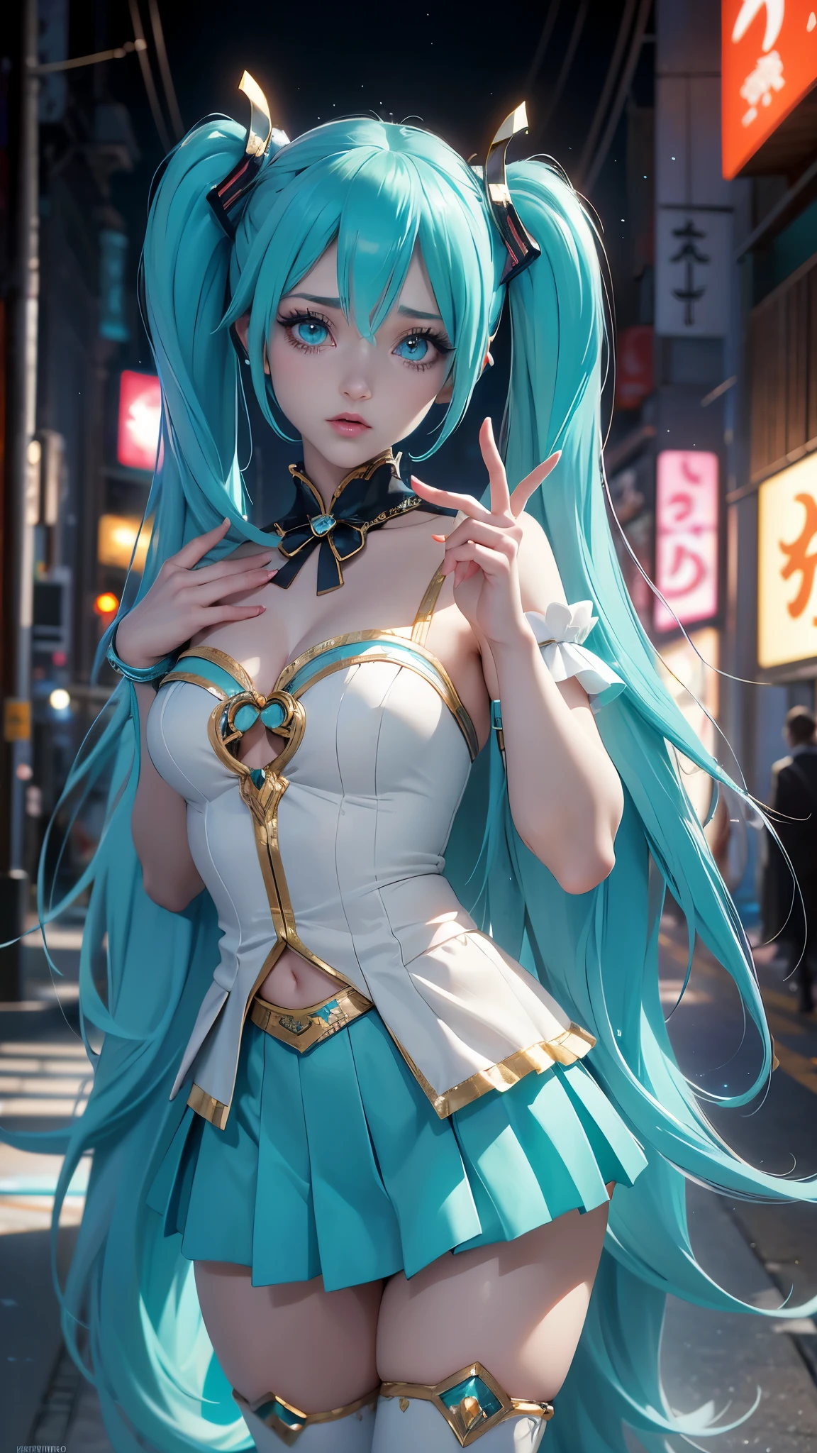 (La mejor calidad,Una alta resolución,Ultra - detallado,actual),Ariana Grande, chica anime cosplay, anime cosplay, (Hatsune Mikucosplay:1.4) , foto de cosplay, dos colas blancas_guantes, cosplay, lindo anime waifu con un bonito vestido, chica anime con pelo largo, Diosa del anime, cosplay elegante y glamoroso, chica anime disfrazada de sirvienta, 8K más detallado.motor irreal:1.4,Alta definición,La mejor calidad:1.4, fotorrealista:1.4, textura de la piel:1.4, obra maestra:1.8,obra maestra, mejor calidad,objeto Objeto], (rasgos faciales detallados:1.3),(Las proporciones correctas)(Detalles de la cara: 1.5, ojos azules brillantes, hermoso rostro, ojos bonitos, Contorno del iris, labios delgados: 1.5, Delgado, cejas pálidas y afiladas, largo, pestañas oscuras, pestañas dobles),,  (pose vaquero), ,( ciberpunk 2.1), (vestuario kawaii :1.4), manos perfectas: 1.5, (anatomía perfecta), (fondo del callejón nocturno de tokio:1.4) 