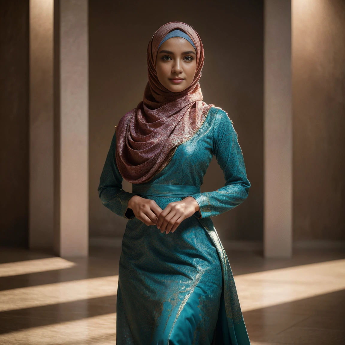 Best quality, masterpiece, realistic photos, intricate details, original photos, wearing traditional baju kurung, photon rendering, octane rendering, ridiculous, ultra-detailed, detailed faces, detailed skins, trends on artstation, 8k masterpieces, cinematic lighting, ((1girl)), ((solo)), perky round breasts, medium breasts, long hijab, dynamic pose