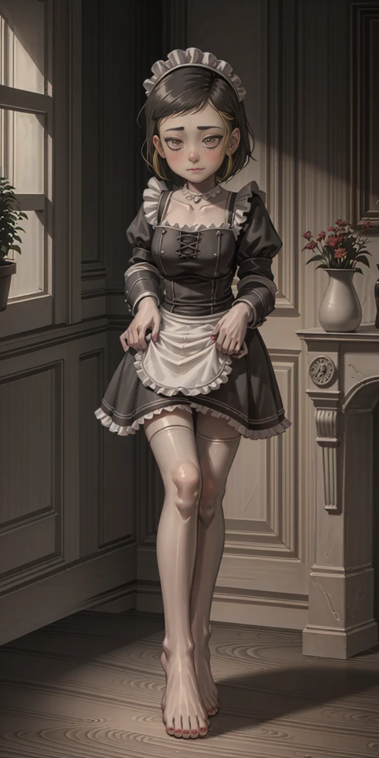 1girl, cute, ((Short black hair girl and long blonde hair girl)), maid victorian, maid apron, straight face, dazed, Body position: Standing, straight, symmetrical, barefoot, Lustful smile on face with red blush