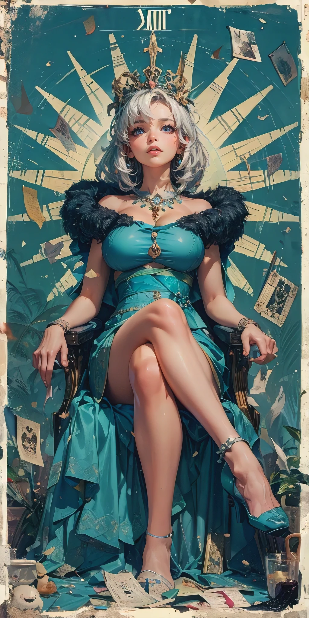 artgerm と kojima ayami によるタロットカードのイラスト, 皇后. ローマ数字 "13", 完璧なボディ, (巨大な胸, 胸の谷間:1.3), 超女性的な曲線, タロットの境界線, 神秘的な, 精巧な詳細