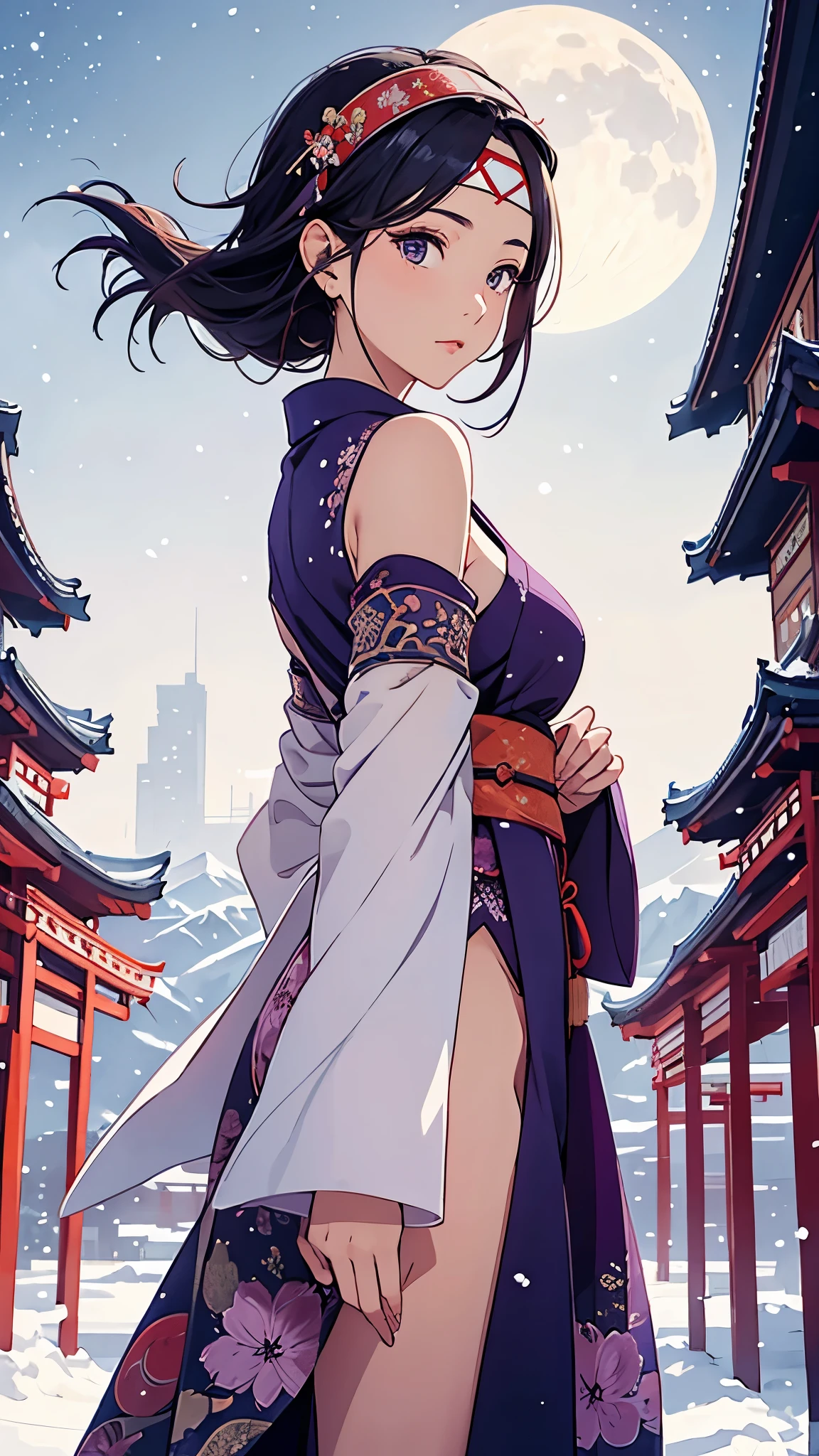 masterpiece, best quality,  doaAyane, headband, purple kimono, bare shoulders, obi, detached sleeves, (huge breasts:0.8), cowboy shot, looking to the side, wind, snow, winter, night sky, east asian architecture, moon