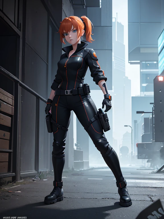 1 Mädchen, Sexy erfahrene Cyberpunk-Agentin, kurze orangefarbene Haare, Pferdeschwanz-Stil, blaue Augen, (Tragen: futuristischer schwarzer enger Jumpsuit, Werkzeuggürtel, Stiefel), Helle Haut, natürliches Make-up, athletischer Körper, mit beiden Händen zwei Pistolen halten, den Betrachter grimmig anschauend. heroische Pose, In voller Länge, Ganzkörper, Kampfszene, In voller Länge, Super-Gesichtsdetail, Sehr detailiert, 8k, Dunkler Ton, dunkler Schatten, Leuchten im Dunkeln, Farbkorrektur für Spiele, (HDR, UHD, k, beste Qualität, RAW-Foto, beste Qualität, Meisterwerk: 1.5), UHD, hd, k, Hyperrealismus, Sehr detailiert, Hyperrealismus, Sehr detailiert, in hyperrealistischen Details, hyperrealistische Ganzkörperdetails, Hochdetailliert, digitale Zeichnung, Trends auf ArtStation, HD-Qualität
