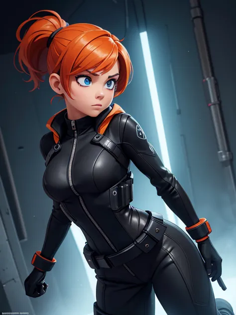 1girl, Sexy Experienced Cyberpunk Agent, short orange hair, pony tail style, blue eyes, (Wearing: futuristic black tight jumpsui...
