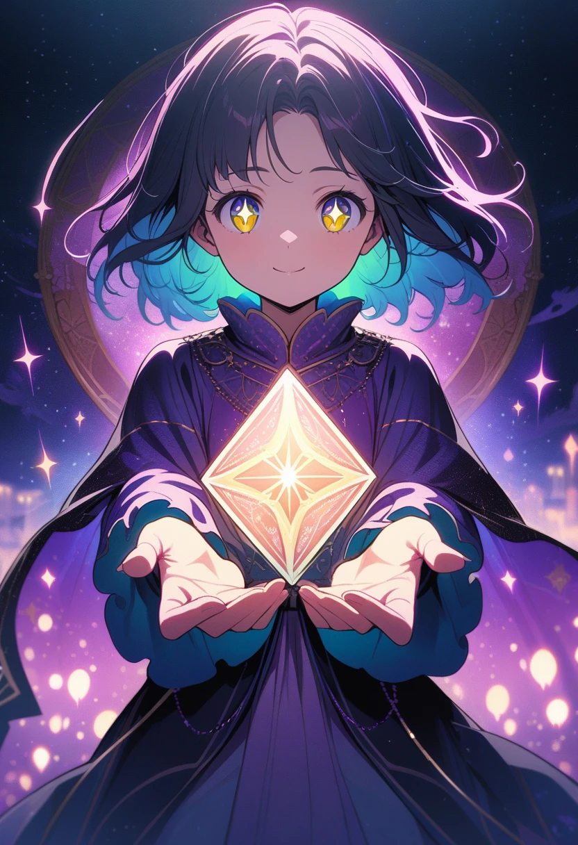 A tarot card reader holding a tarot card and showing it to us, with an anime-style illustration. (best quality,ultra-detailed),vibrant colors,professional,studio lighting,anime,fortune teller,mystical atmosphere,magical,sparkling eyes,detailed hand and fingers,flowing robe,ethereal background,gentle smile,intricate tarot card design,soft pastel tones,moonlit night,mysterious aura,enchanted,subtle shadows,shimmering starry sky.