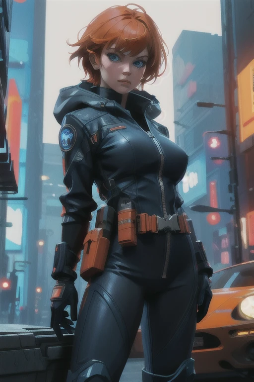 atmosphärische Szene,  Meisterwerk,  beste Qualität,  (Detailliertes Gesicht,  Detail der Hautstruktur,  ultradetaillierter Körper),  (filmisches Licht:1.1), ((1 Mädchen)),  Sexy erfahrene Cyberpunk-Agentin, kurze orangefarbene Haare,  (blaue Augen),  (Tragen: futuristischer schwarzer enger Jumpsuit, Werkzeuggürtel, Stiefel),  Sexy Körper,  den Betrachter grimmig anschauend. Cyberpunk landscape,  Science-Fiction,  filmische Unschärfe,  Dynamische Lichter