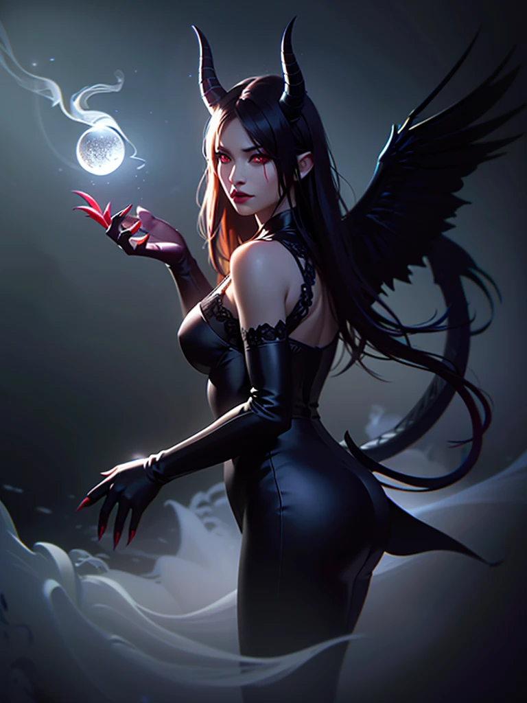 (best quality,4k,8k,highres,masterpiece:1.2),ultra-detailed,(realistic,photorealistic,photo-realistic:1.37),beautiful demon girl,red eyes,sharp claws,long flowing dark hair,gothic theme,elegant pose,dark wings,black dress,holding a crystal ball,ethereal smoke,misty atmosphere,dark forest background,faint moonlight,subtle glowing aura,fierce expression,subtle horns and tail,vivid colors,dramatic lighting