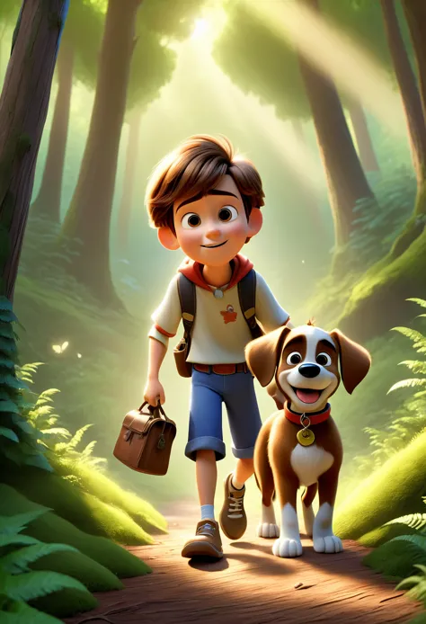 Disney pixar boy with brown hair with a dog in the forest.