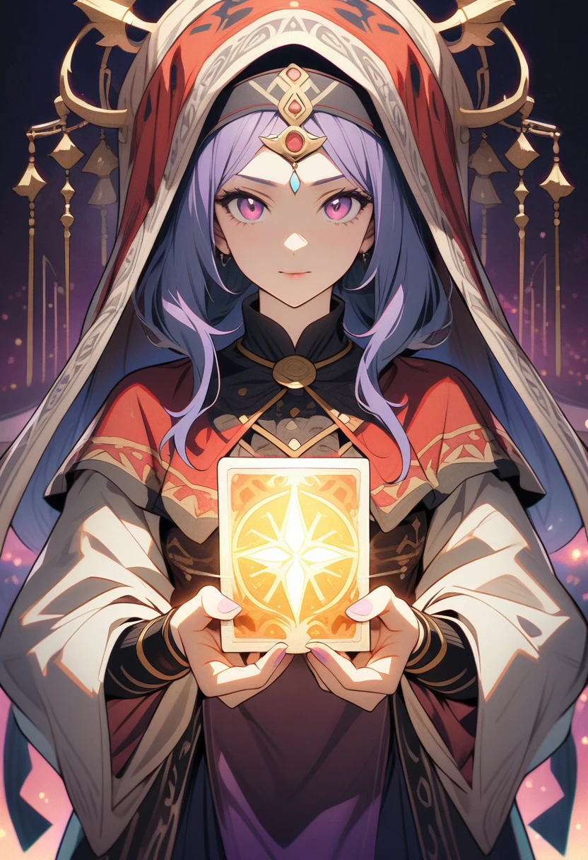Animated image of a fortune teller holding a tarot card and showing it to the viewer