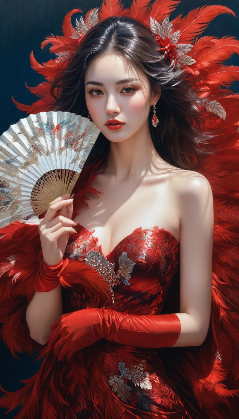 Pintura de una mujer con un vestido de plumas rojas sosteniendo un abanico., karol detrás uhd, estilo de karol bak, hermoso arte digitalwork, Exquisita ilustración digital, magnífico arte digital, inspired por Karol detrás, beautiful magnífico arte digital, chica con plumas, por Karol detrás, impresionante ilustración digital, impresionante arte digital, hermoso arte digital, preciosa pintura digital