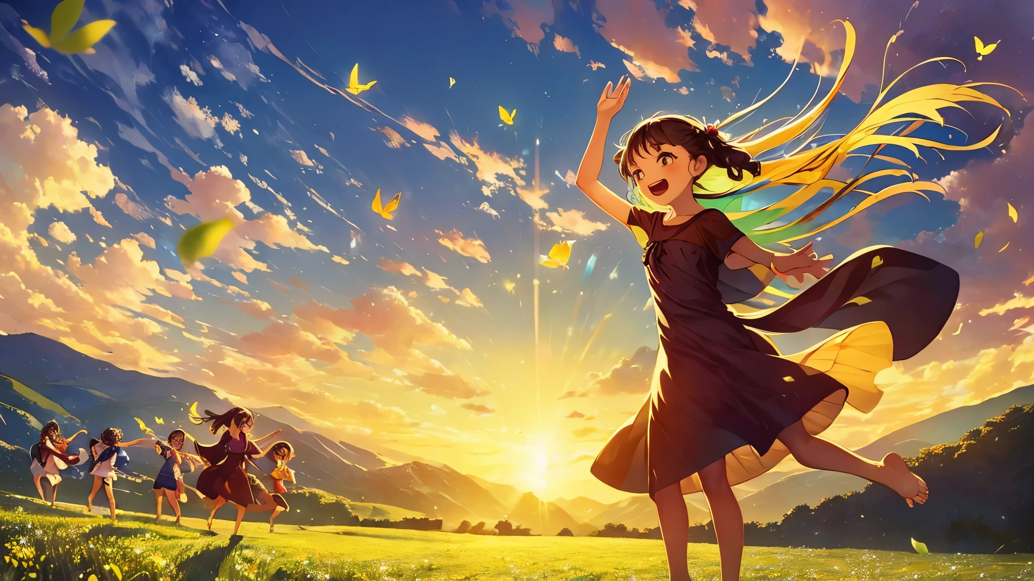 A group of joyful children, barefoot and carefree, race through a quaint hills nestled amidst rolling hills. Their laughter echoes through the serene landscape as they chase after colorful butterflies, their innocent spirits illuminated by the golden glow of the sun.
