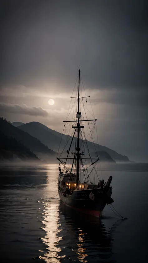 4K UHD image, a photo of a lone ship, it is sailing on a serene water, at night, dark, the ship has warm lamps still on, foggy s...