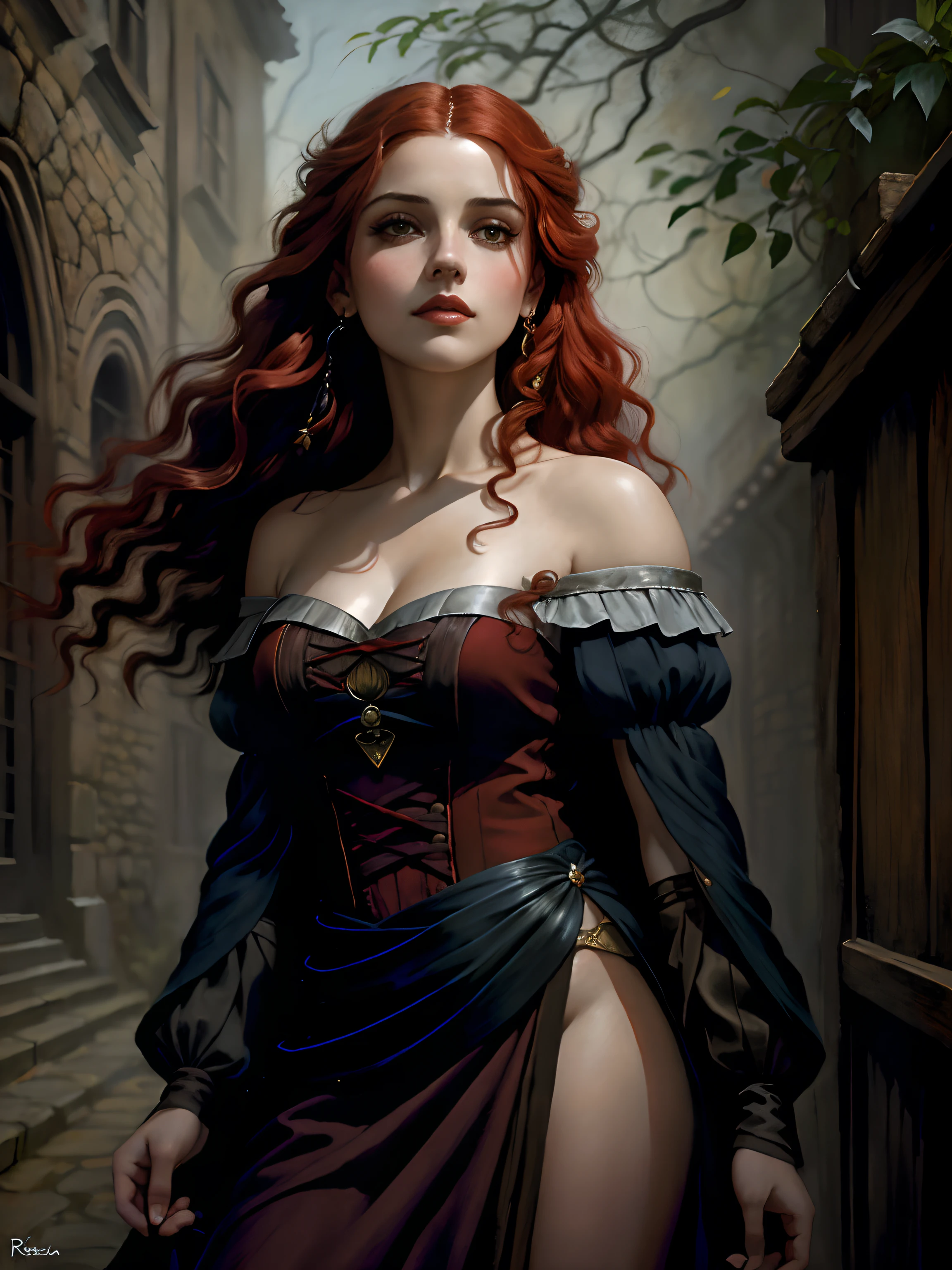 painting of a woman with red hair and a choke in a black dress, John Collier art style, maiden with copper hair, style of karol bak, a young redhead, portrait of a young witch, in the art style of bowater, Directed by: Robert Lenkiewicz, brom gerald, Albert Lynch, portrait of princess merida, Dave Sim, Red-haired girl in a shadowy palace, black and purple velvet dress wearing a kokoshnic, black luxurious dress, head adornment, Lace choker