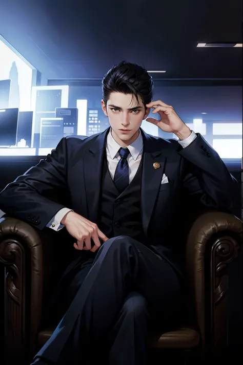 there is a man in a suit sitting in a chair, in black suit, cool hairstyle, legs crossed, finance illustration background