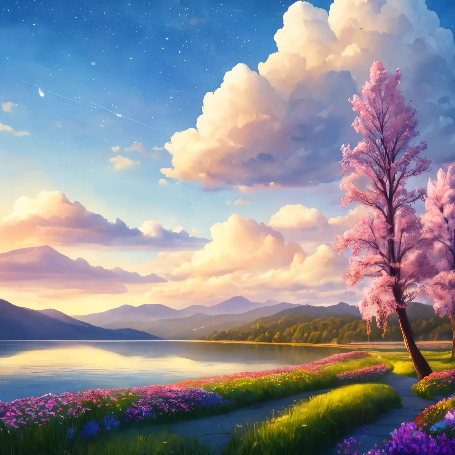 Nearby is the forested Great Plains，Flowers are blooming on the plains，There is a lake，there is a stone，A hazy mountain in the distance々I can see，The sky was colored by clouds，the morning sun rises，Starlight，watercolor asterpaintings 