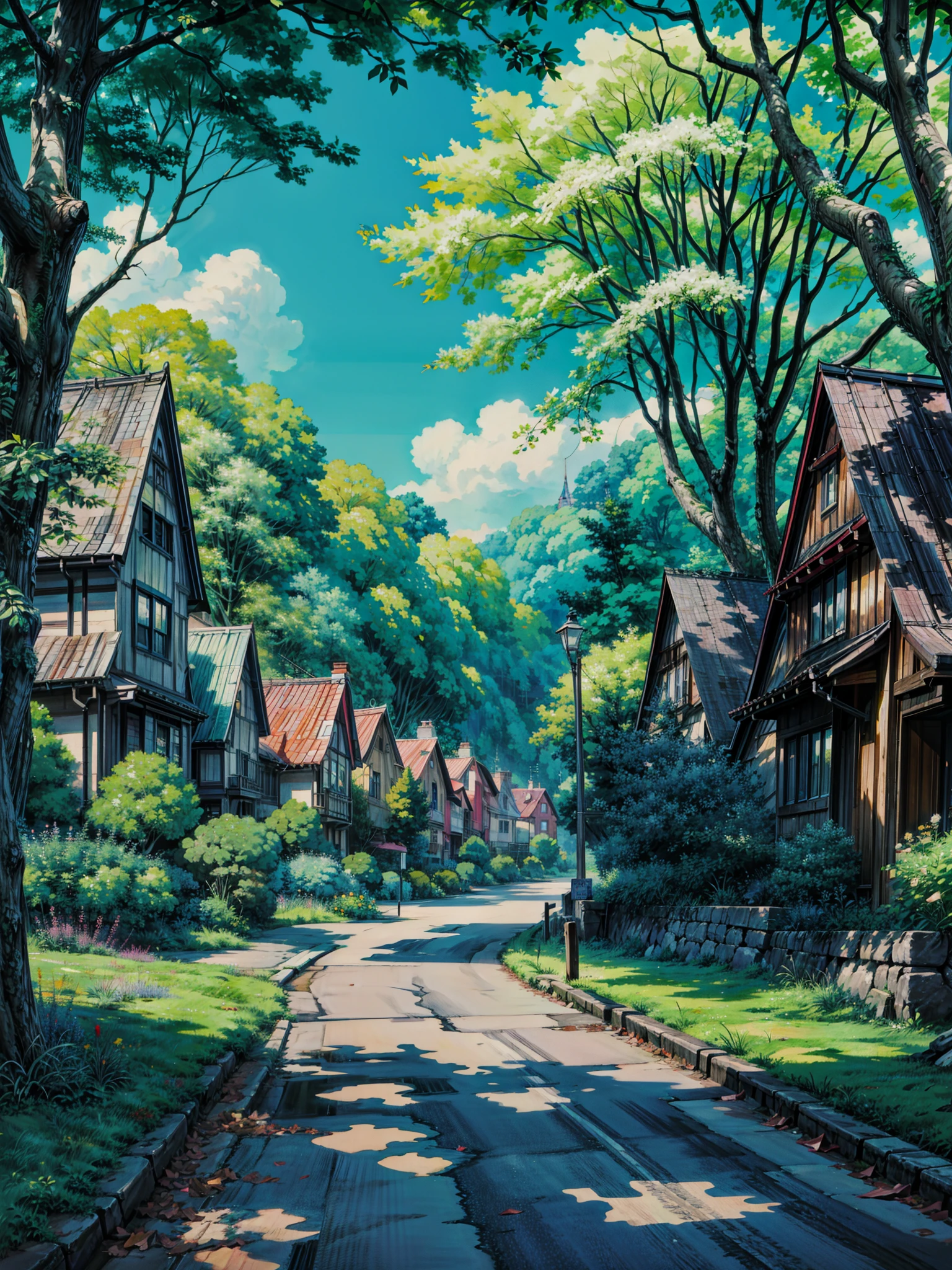 A painting of a street with houses and trees in the background - SeaArt AI