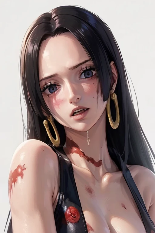 (((masterpiece))), (((best quality))), ((ultra-detailed)), (highly detailed CG illustration), Boa Hancock, (nsfw:1.4), (masterpiece:1.5), Detailed Photo, Sexy, (Best Quality: 1.4), (1girl), Beautiful Face, (Black Hair, long Hair: 1.3), Beautiful Hairstyle, beautiful detail eyes, (realistic skin), beautiful skin, absurd, attractive, ultra high resolution, high definition, (sexually aroused:1.5), Pinkish white skin, cool white light, sexy pose, Beautiful , white background, pink soft white light, Wear a white tank top, (bukkake:1.8), (zombie girl:1.6), (breeding:1.6), (cute dead girl:1.5), (deadly eyes:1.8), (Eyes without sparkle1.7), pale skin, dead body, no life, (lifeless:1.5), (Wounds on the body:1.6), (dribbling:1.5), (red blood on body:1.3), (Bruise on the body:1.4)