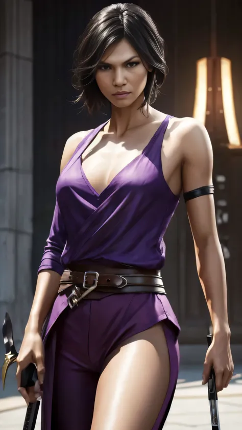 ((Elodie Yung)) as Tasia from Mortal Kombat, holding two blades, very short black hair, purple top, purple pants, high heels, fi...