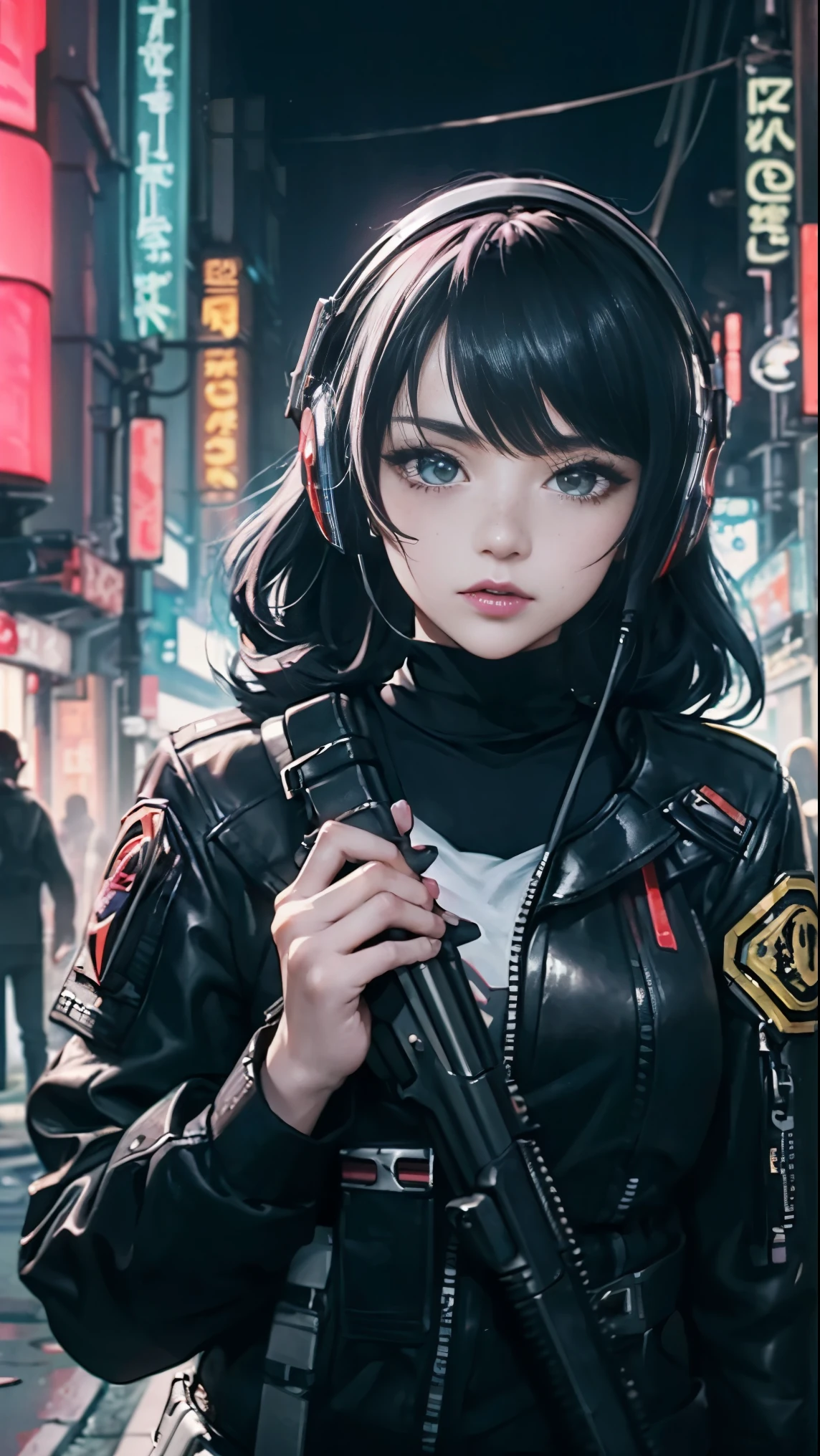 ((Best Quality)), ((Masterpiece)), perfect eyes:1.2, holding a machine gun, detailed eyes:1.4, ((freckles)), woman, hightech visor, high tech, hacker, irezumi, tattoo, techwear, headphones, messy hair, multicolored hair, green hair, black jacket, gradient hair, leather clothes, (machine gun), (High Definition:1.3), 3D, Beautiful (Cyberpunk:1.3), Colored hair, militar, black clothes looking at camera, hacker woman, sticking out, sexual, seduction, neo tokyo