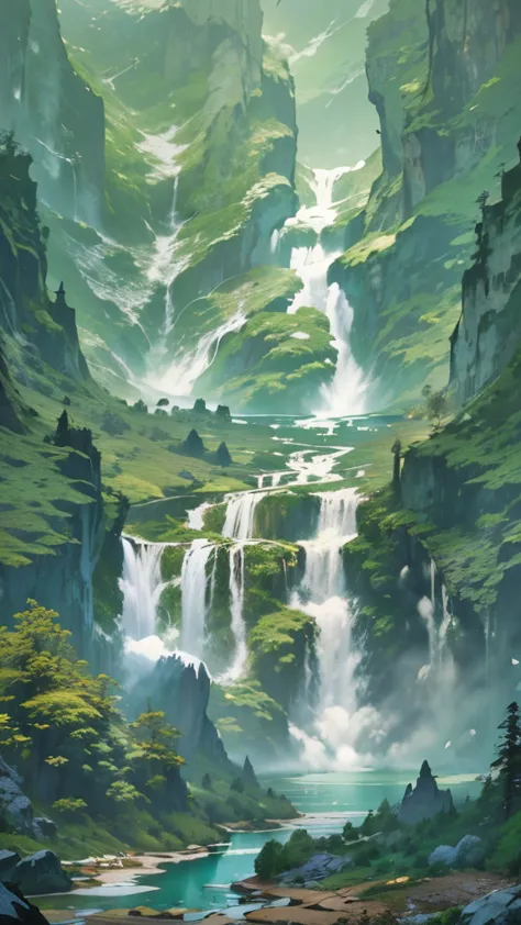 painting of a waterfall in a mountainous area with a boat in the water, highly detailed digital painting, immense waterfall, mul...