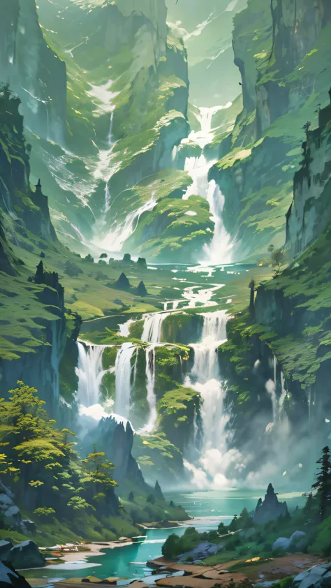 painting of a waterfall in a mountainous area with a boat in the water, highly detailed digital painting, immense waterfall, mul...