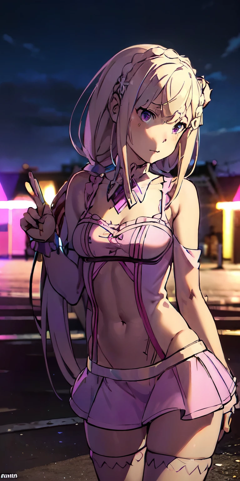 (((professional: step by step, considering even the smallest detail god level final result))):Emilia re:zero, purple eyes, Emilia, crown braid, x hair ornament, flower hair ornament, white hair, long hair, medium breasts, and two pigtails above her ears, 50% Revealing clothing, Show skin, ((Rave short shirt, very Low-cut shirt, Rave cowboy miniskirt, Visible thong straps)), (with a rave outfit:1.2, 30% Rave clothing), (Detailed outfit, Detailed clothing), (sexy walking pose), Solo focus, embarrassed, centered, Scale to fit dimensions, Rule of thirds, ((Night view)),(cyberpunk night street Background: 1.3, dark sky, alley,  alley, clouds thick, Background with intricate details), (Best quality),(high resolution),(Sharp focus),(full intricate details),(Very high quality artwork),(very fine 8K CG),((perfect piece) ), (((Masterpiece))), illustration, vibrant colors, high contrast, selective lighting, double exposure, HDR (high dynamic range), Post-processing, Background blur, transparent drees"