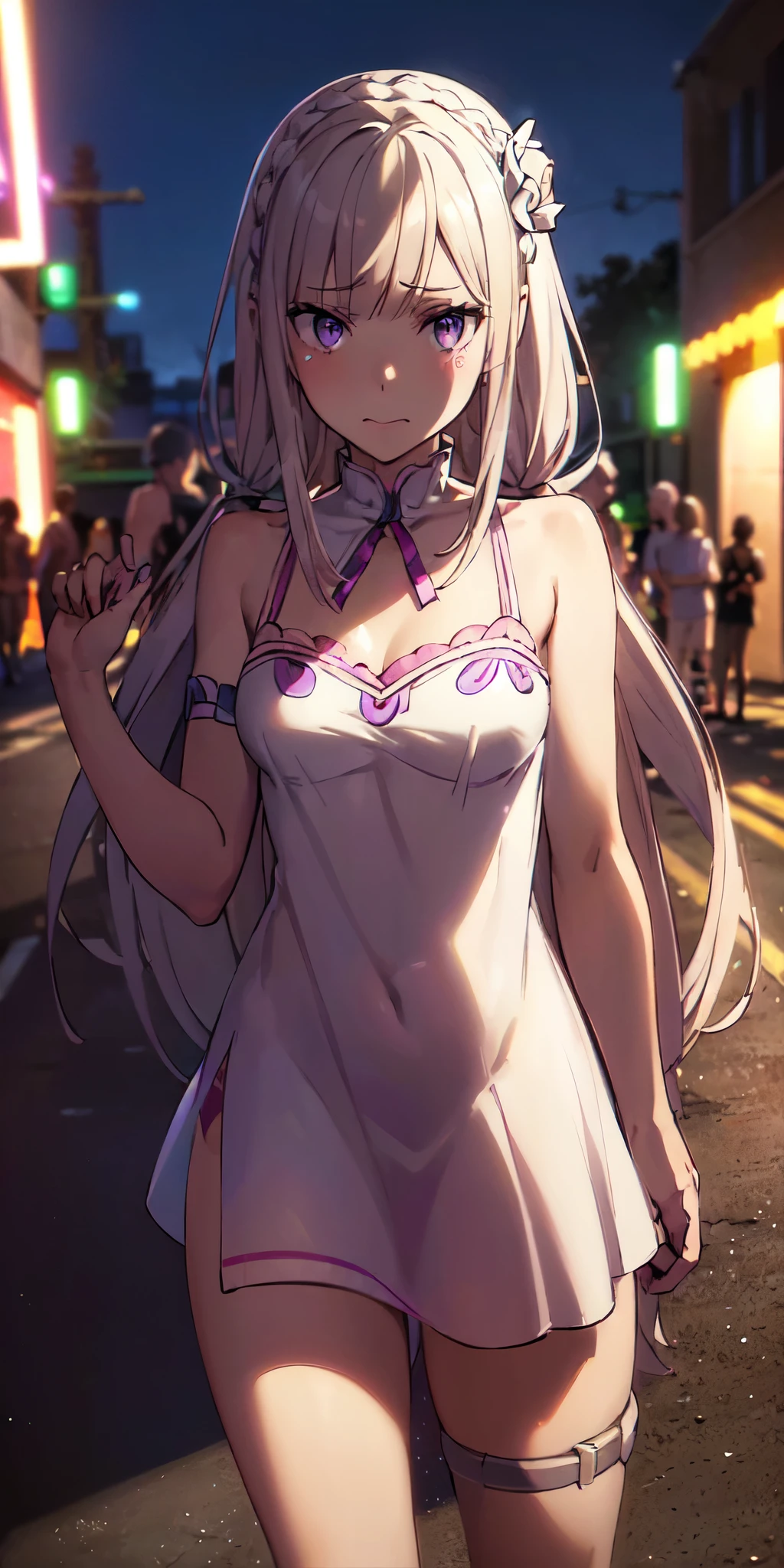 (((professional: step by step, considering even the smallest detail god level final result))):Emilia re:zero, purple eyes, Emilia, crown braid, x hair ornament, flower hair ornament, white hair, long hair, medium breasts, and two pigtails above her ears, 50% Revealing clothing, Show skin, ((Rave short shirt, very Low-cut shirt, Rave cowboy miniskirt, Visible thong straps)), (with a rave outfit:1.2, 30% Rave clothing), (Detailed outfit, Detailed clothing), (sexy walking pose), Solo focus, embarrassed, centered, Scale to fit dimensions, Rule of thirds, ((Night view)),(cyberpunk night street Background: 1.3, dark sky, alley,  alley, clouds thick, Background with intricate details), (Best quality),(high resolution),(Sharp focus),(full intricate details),(Very high quality artwork),(very fine 8K CG),((perfect piece) ), (((Masterpiece))), illustration, vibrant colors, high contrast, selective lighting, double exposure, HDR (high dynamic range), Post-processing, Background blur, transparent drees"