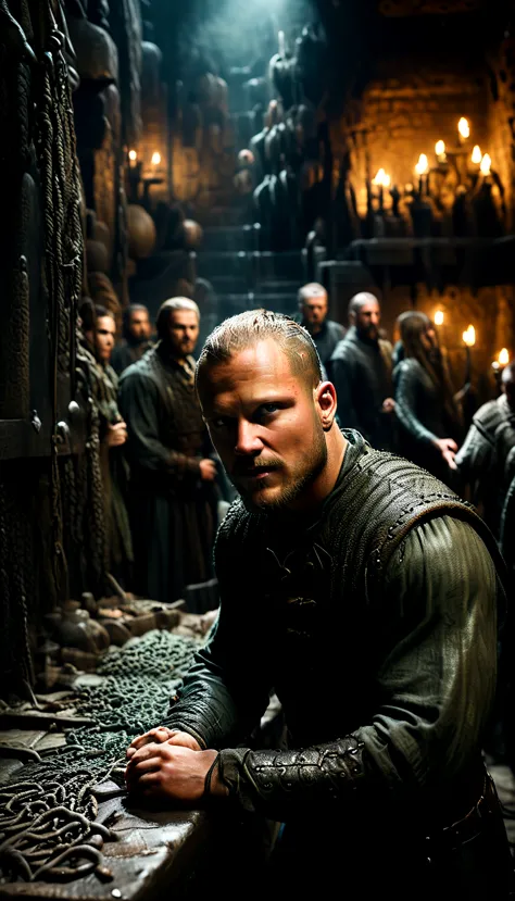 create a somber scene showing ragnar lothbrok imprisoned in a dark dungeon, surrounded by coils of poisonous snakes, crowd cheer...