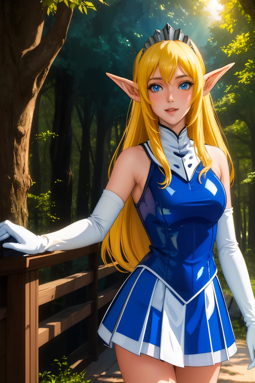 high resolution, masterpiece, high quality, perfect face, perfect eyes, mansion foyer, Nina Aslato, long blonde hair, tiara, blue leotard, miniskirt, white elbow gloves, huge breasts, cheerful, outdoors, forest background, sunset, long elf ears