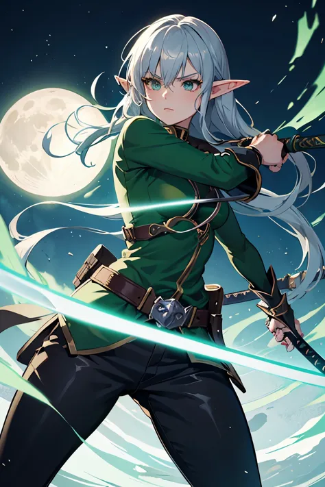 nd elf girl rogue wielding giant katana, bright silver hair, emerald green eyes, armor is black, giant moon, small, wearing pant...