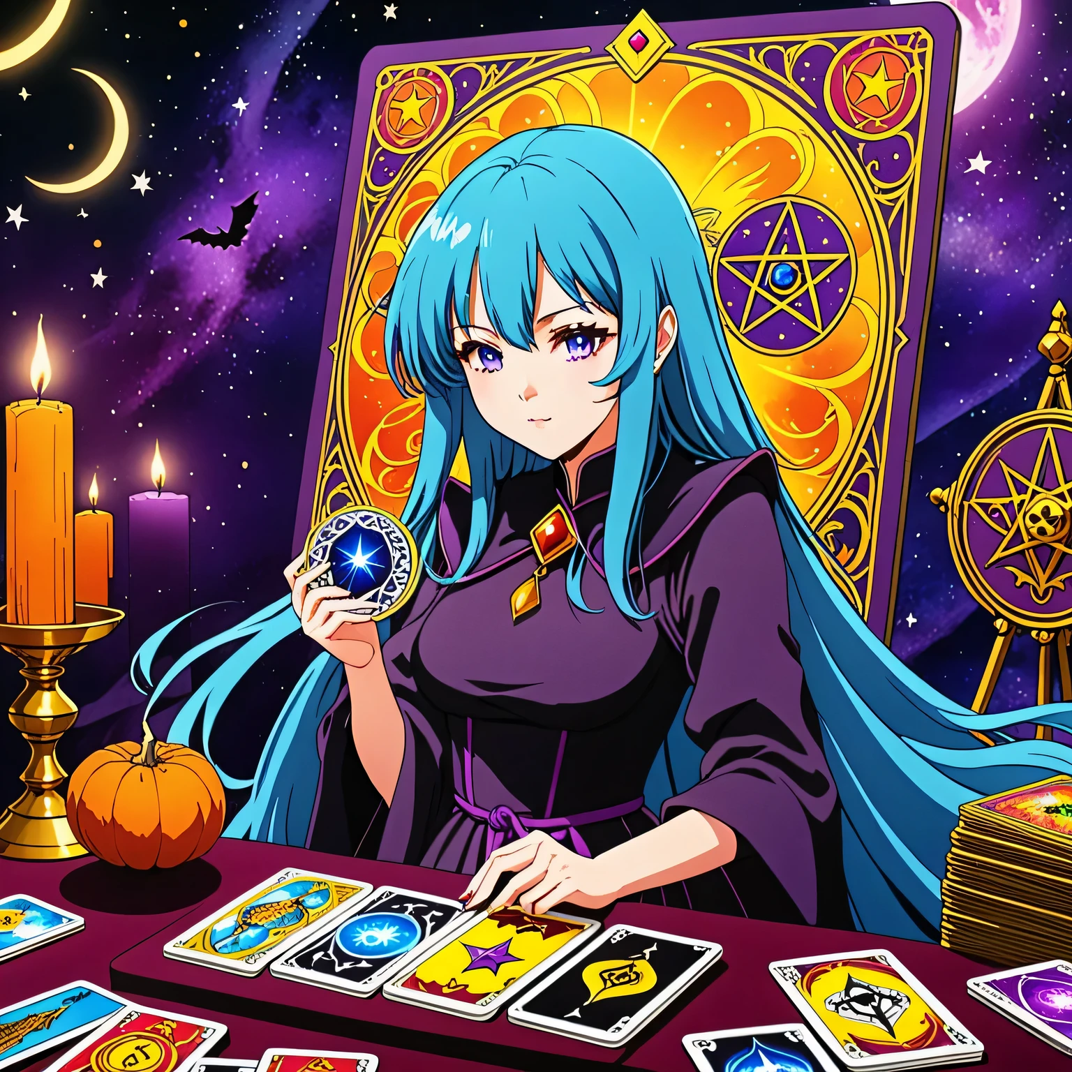 Un fotograma del anime sobre la bruja y las cartas del Tarot, brillante y colorido, anime moderno, Adivinación con cartas del Tarot, Cartas del Tarot Anime