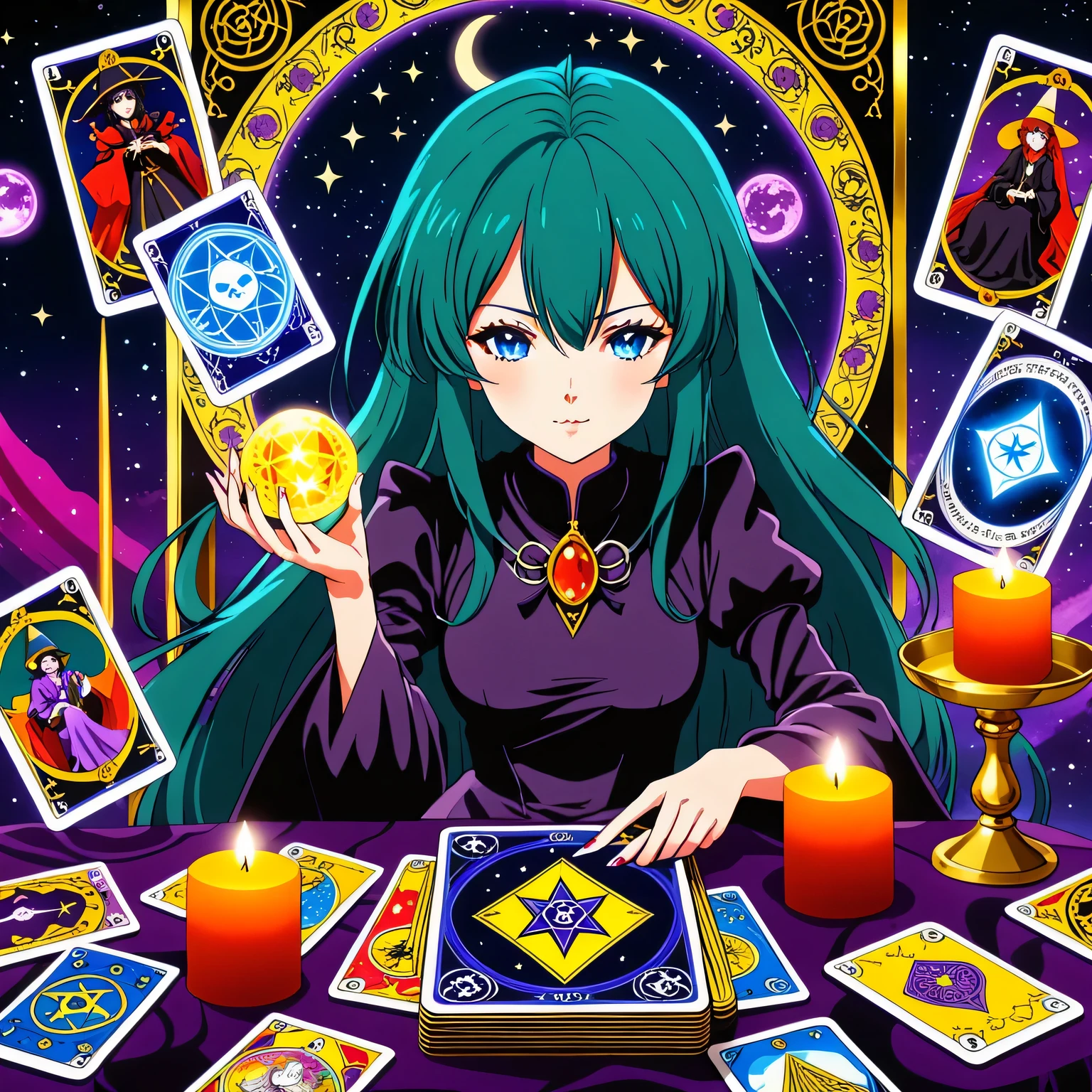 A frame from the anime about the witch and Tarot Cards, bright and colorful, modern anime, fortune telling on Tarot Cards, Tarot Cards Anime