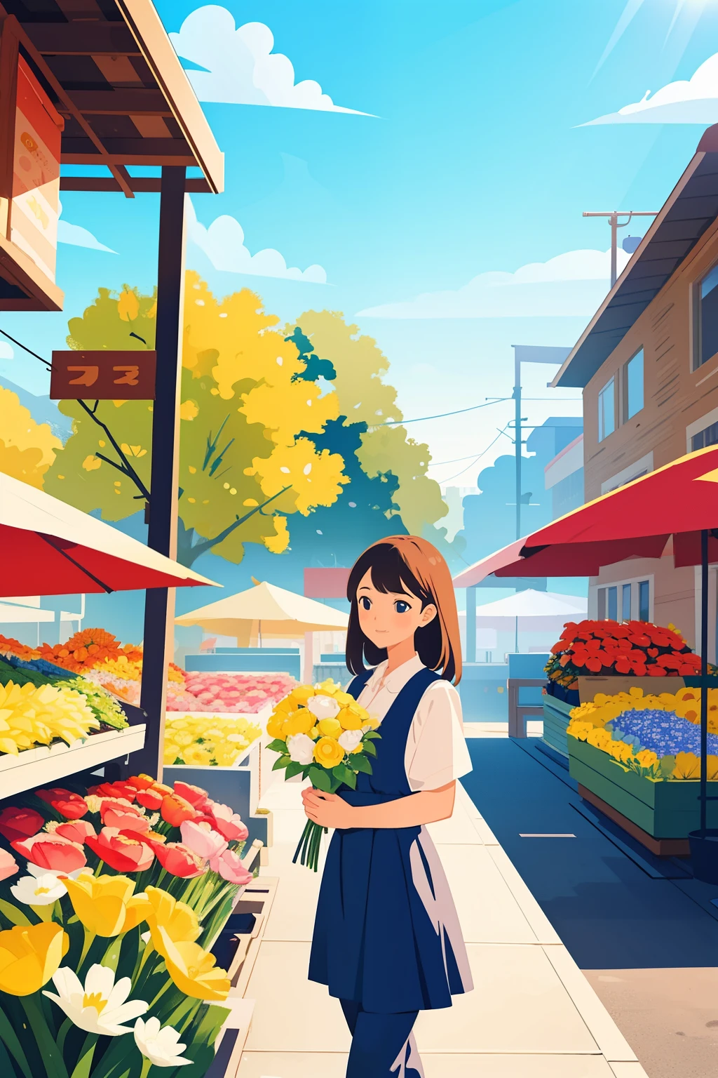 spring morning, flower market，flower shop,female boss，Hand holding bouquet， Sunlight, masterpiece, perfect composition, bright colors,