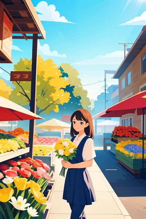spring morning, flower market，flower shop,female boss，Hand holding bouquet， Sunlight, masterpiece, perfect composition, bright c...