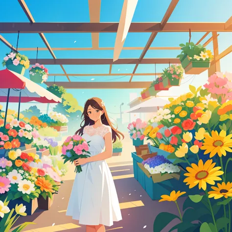 spring morning, flower market，flower shop,female boss，Hand holding bouquet， Sunlight, masterpiece, perfect composition, bright c...