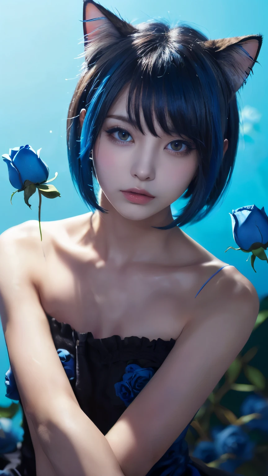 (Emo Art:1.6)masterpiece, 4k, Bokeh, beautiful face, (multiple girls:1.4), Harem, (group photo:1.2), (Cat ear:1.3), (blue medium bob hair:1.4), (blue theme:1.6), looking at the viewer, (Blue roses:1.4), (blue cafe background:1.5), (Upper body shot:1.4)