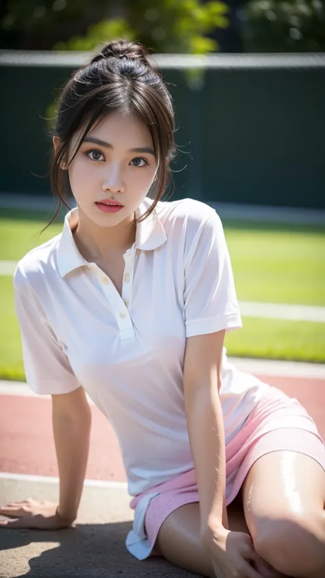 1 girl, alone, white polo shirt, white sneakers, pink tennis wear: 1.3, white mini skirt, masterpiece, highest quality, realisti...
