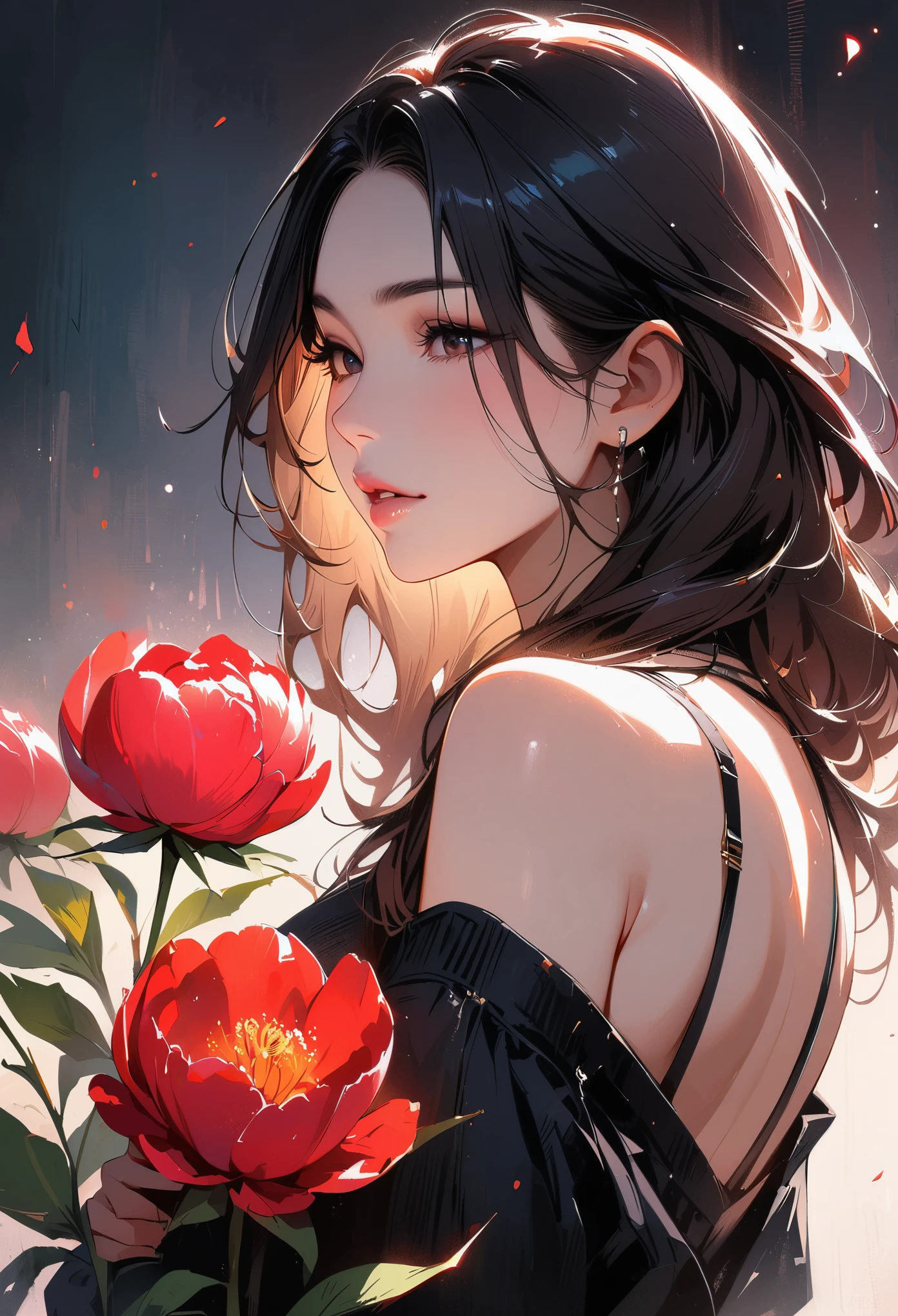 (best quality, High resolution, masterpiece:1.2), a vibrant, delicate lips, exquisite eyes, Realistic lighting, female love, Lively, No background, solitary figure, plant-based women, peony,
