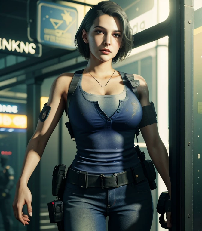 Close-up de mulher uniformizada tirando uma foto, glamorosa Jill Valentine, A heroína do romance 👀 :8, Preço do rim, Cyberpunk 2 0 p. Olá garota típica, arte conceitual altamente realista, Policial, vampiro inspired, background of vampiro game, Conhecido como Amoranto, vampiro, garota ciberpunk, menina sexual, grosso, A heroína do romance, grande , (Peitos gigantes), dividir, show dividir, Camiseta sobre mesquinho, corpo todo, corpo todo shot, Calça jeans militar cropped justa, sexual, sexual Obsceno, Obsceno, Mostrando muita pele vaginal molhada