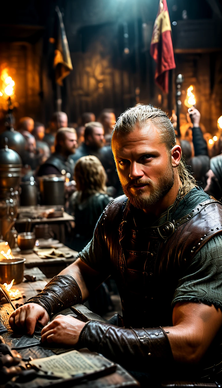 imagem do viking Ragnar lothbrok sentado na cadeira assinando um papel, crowd cheering for them , detailed face, detailed face expressions, natural face expressions, face in detail, asymmetrical faced,(tall and slender body), fair and smooth skin, detailed hands, detailed fingers, masterpiece, cinematic lighting, physically based rendering, lens flare, award winning rendering, perfect rendering detail, 8K, realism, detailed background, everything in detail, cinematic shot, dynamic lighting, 75mm, Technicolor, Panavision, cinemascope, fine details, 8k, HDR, realism, realistic, key visual, film still, superb cinematic color grading, depth of field, ,midjourney,cat