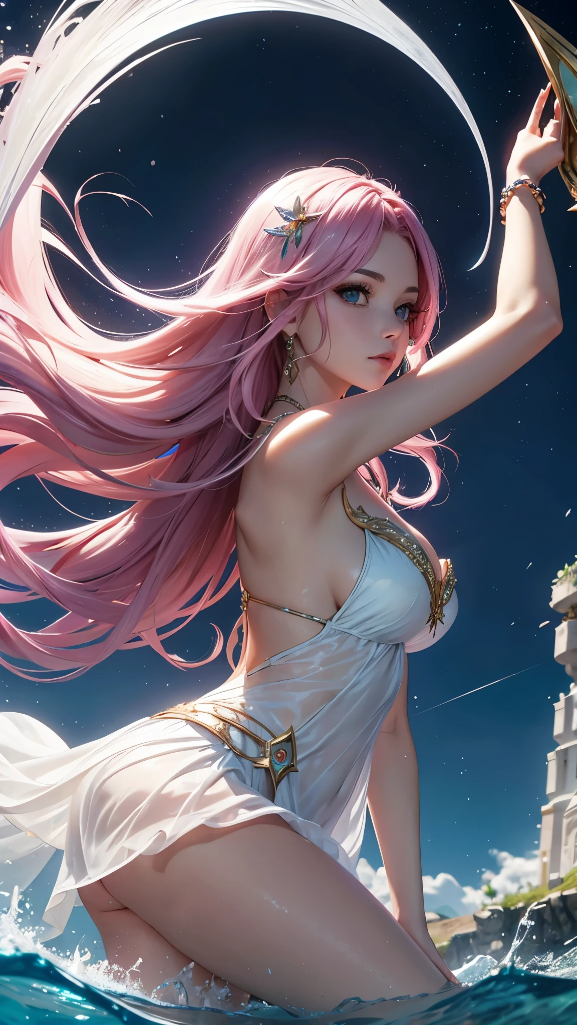 serafina1, League of Legends, pink hair, Brilliant effects, wide, neckline, long flowing white dress, Moon in the background, floating in the air, praying