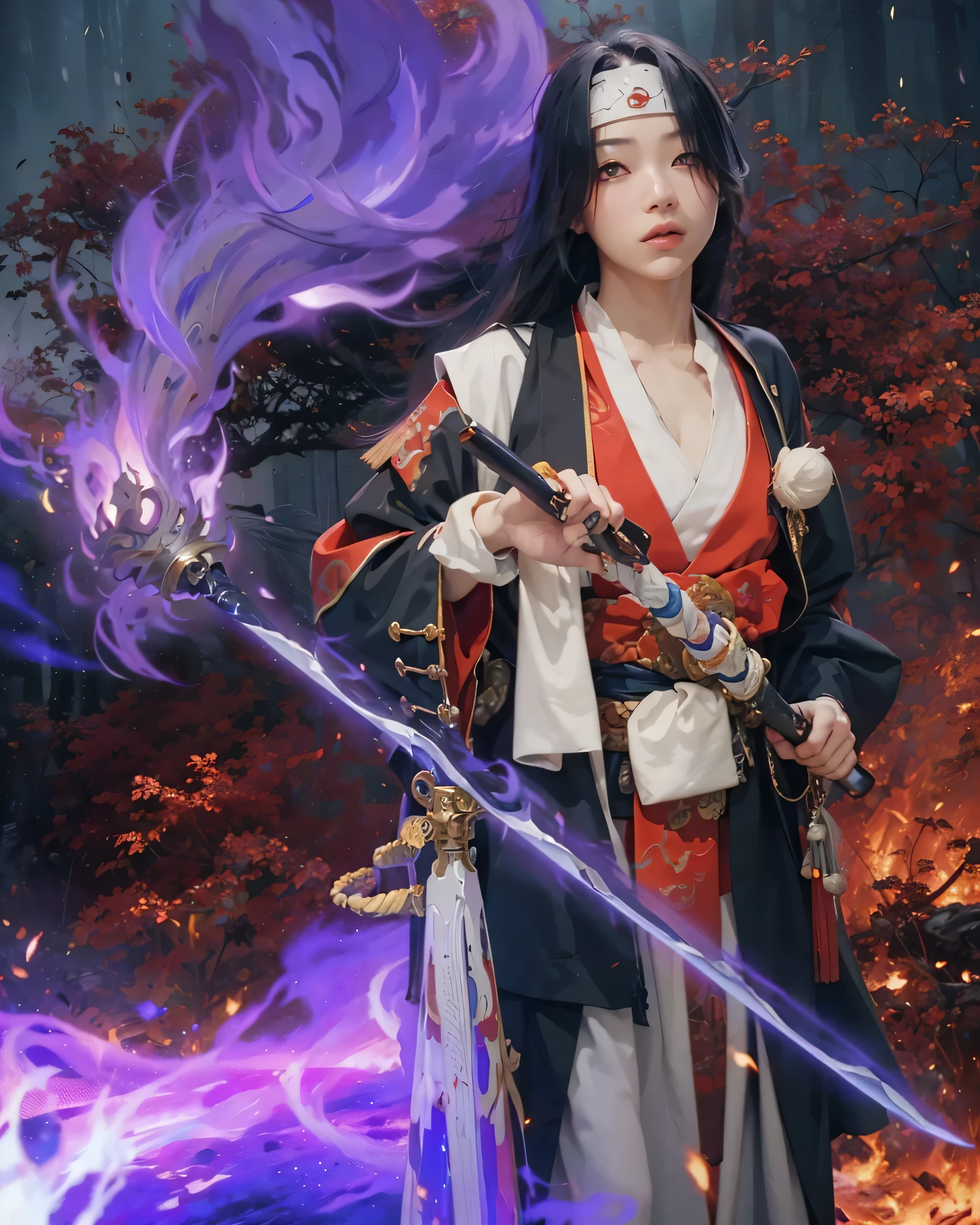 ((ONIKIRI_ONMYOJI),((realistic, photorealistic)),(highlight hair)), Light reflection, (( HD )),((upper body)), (((best quality, masterpiece))), (masterpiece) (best quality) (detail) (8k) (HDR) (wallpaper) (cinematic lighting) (sharp focuasterpiece, best quality: 1.1), Real life adaption of this character, Asian teen beauty face, Shining green eyes, realistic outfit, realistic shadow, realistic light, realism, hyper realistic, realistic background,(photorealistic:1.2), 1man,Fire background, indeed sword, smoke blur, glow effect,Foreground blur fire,Spirit sword, blue and red flames, blue flame spirit hand 