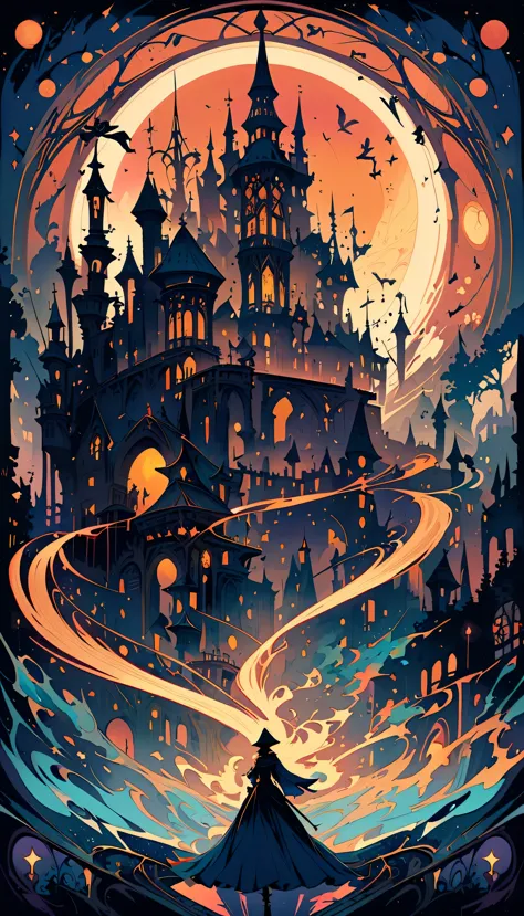 illustrations,tower scene,mysterious atmosphere,nighttime,ominous,shadowy figures,magical aura,moonlit sky,misty haze,dark color...