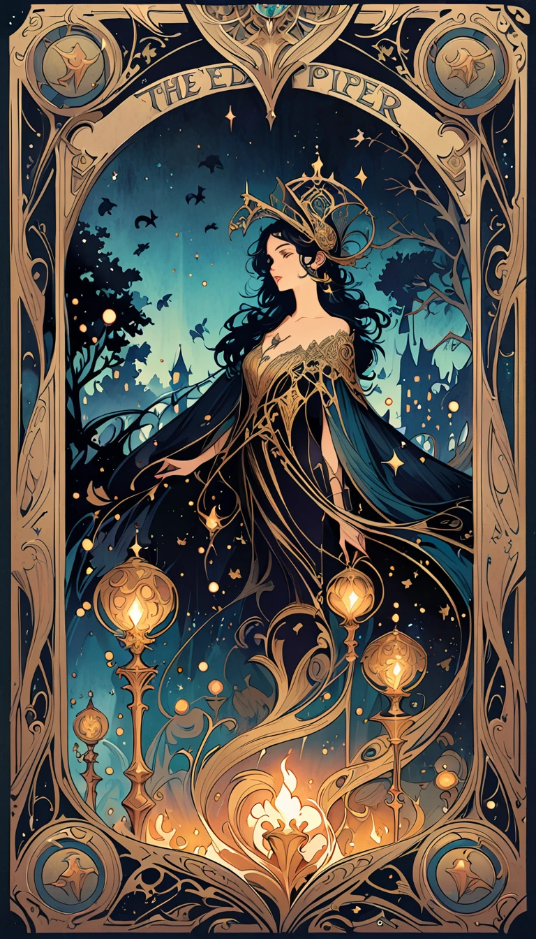 (best quality, highres), The Pied Piper Tarot Card, detailed illustration, vintage style, mystical, magical, enchanting, dark color scheme, candlelit, intricate details, flowing clothes, mesmerizing flute, rats following, hidden symbols, mystical aura