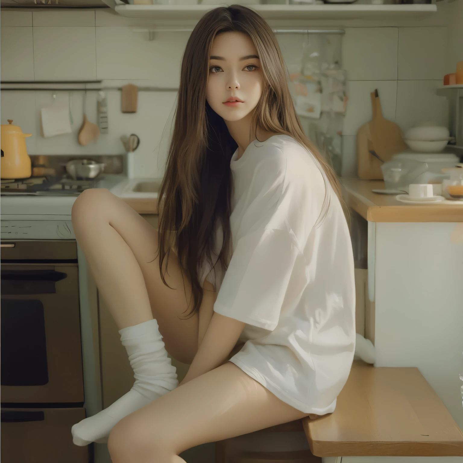 araffed woman sitting on a counter in a kitchen with a stove, korean girl, ulzzang, in white clothes, korean women's fashion model, white clothes, asian girl with long hair, with long hair, guweiz, [ realistic photography ], realistic. cheng yi, smooth white tight clothes suit, photo of slim girl model, white long straight hair