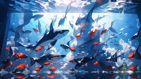 Ocean, underwater, full of fishes, all kinds of fish, detailed, cool, cinematic, dynamic, high quality, 8k, no person, 0 person
