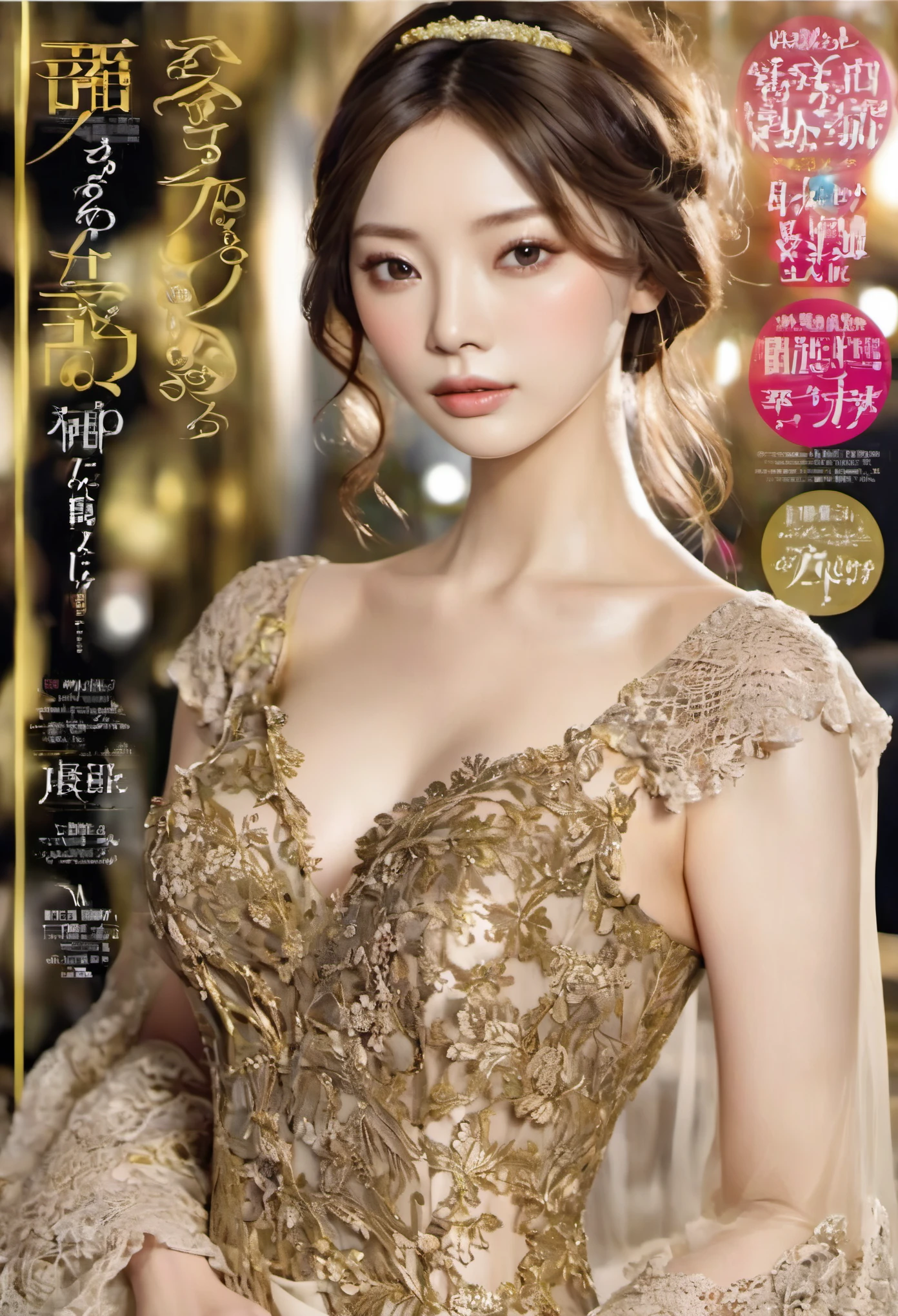 （（Magazine cover））Eyes are very delicate，Exquisite hair color，（shiny skin：1.2）（（Black and gold sheer lace dress）），huge ，Overmuch，big and droopy，big ditty big ， （（（masterpiece）））， （（best quality））， （（intricate details））， （（Surreal））