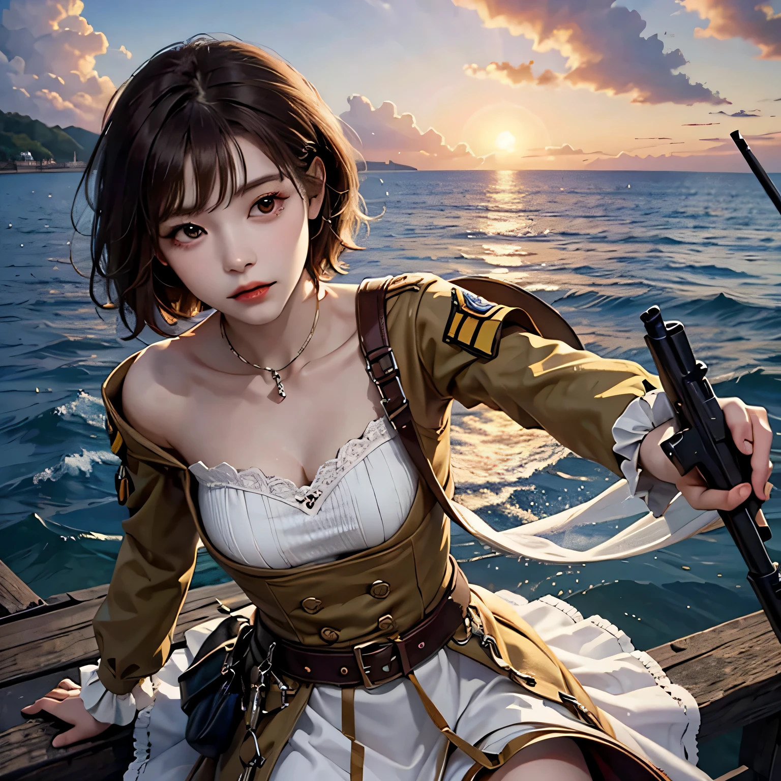 absurd solution, High resolution, (masterpiece: 1.4), hyper detail, Weapons test site on an empty pier by the sea, 1 young woman, short red hair, soldier outfit, very serious expression