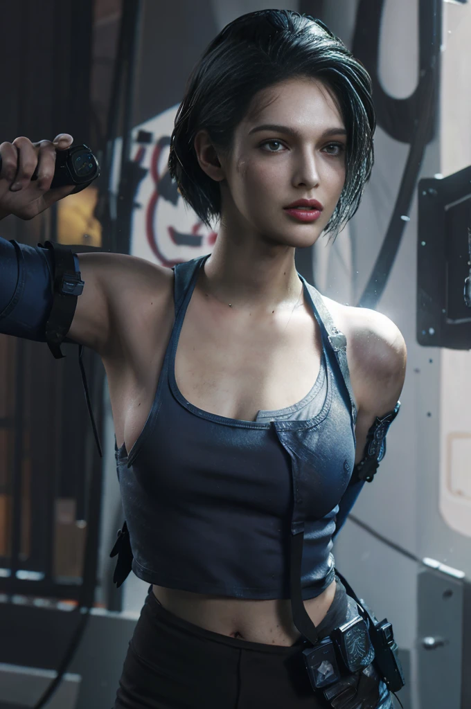 Jill Valentine, Zombie bites on her body,Beautiful women， Sexy women， Perfect breasts，(Big tits, Big , Big tits), （ لقطة لFull body））， Long legs， Back， Please attach your CV to the letter，Interface，（Looking at viewert）， The camera angle is low, Night Street， Connor Harrington，He wears a blue jacket and black skinny jeans，Close-up of woman holding a pistol and rifle, براقة Jill Valentine, Kidney price, Resident Evil inspired, Quiet from Metal Gear Solid v, Quiet from Metal Gear Solid, Heroines, Like mercenaries in the dark space, She is wearing a black tank top, Inspired by Ling Mei, Video game character, The model is wearing an artistic jacket，（（Full body）），