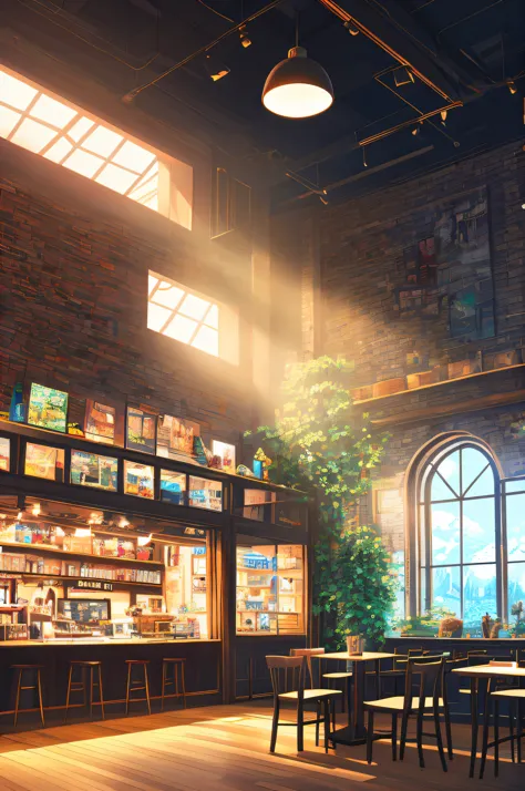 (masterpiece), (best illustration), (There are no humans), animated background, coffee shop, ring lights , rim lights,(very deta...